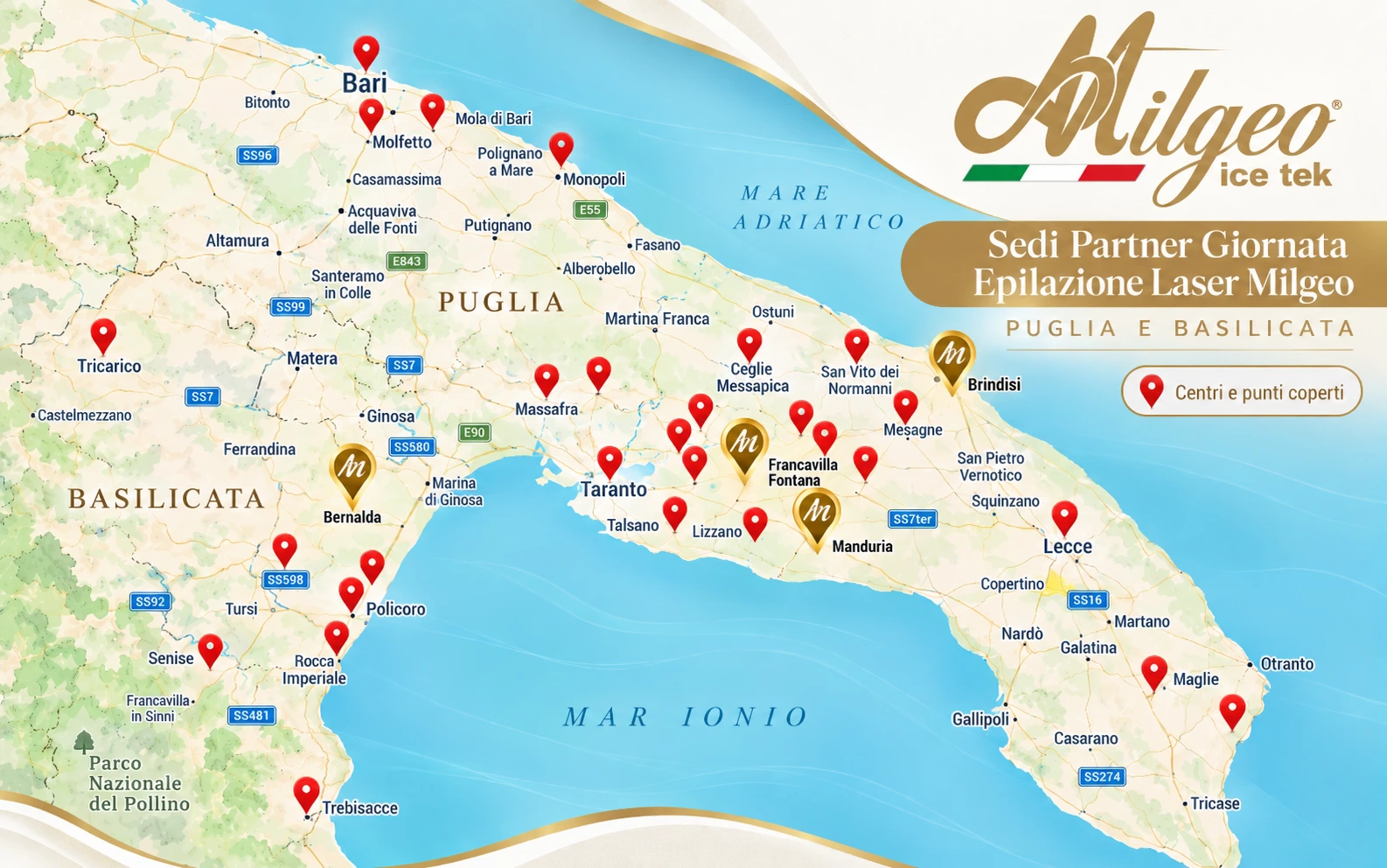 Mappa sedi e centri partner Giornata Epilazione Laser Milgeo in Puglia e Basilicata